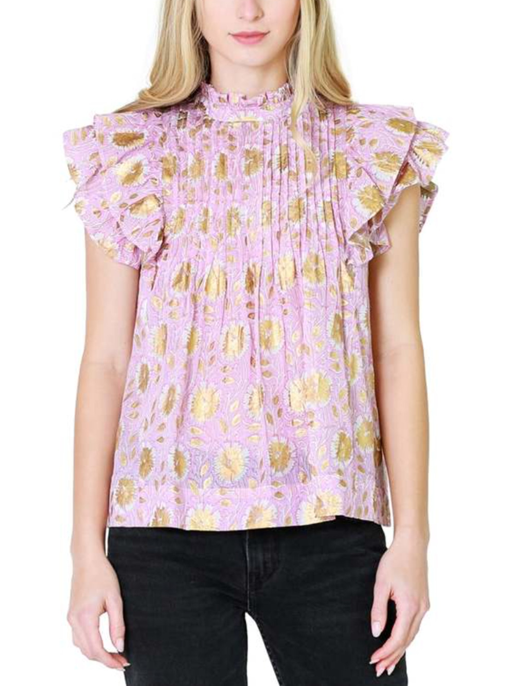 Oliphant Tuckernuck Ruffle Pintuck Top Blouse Haveli Rose Pink Gold Shirt S